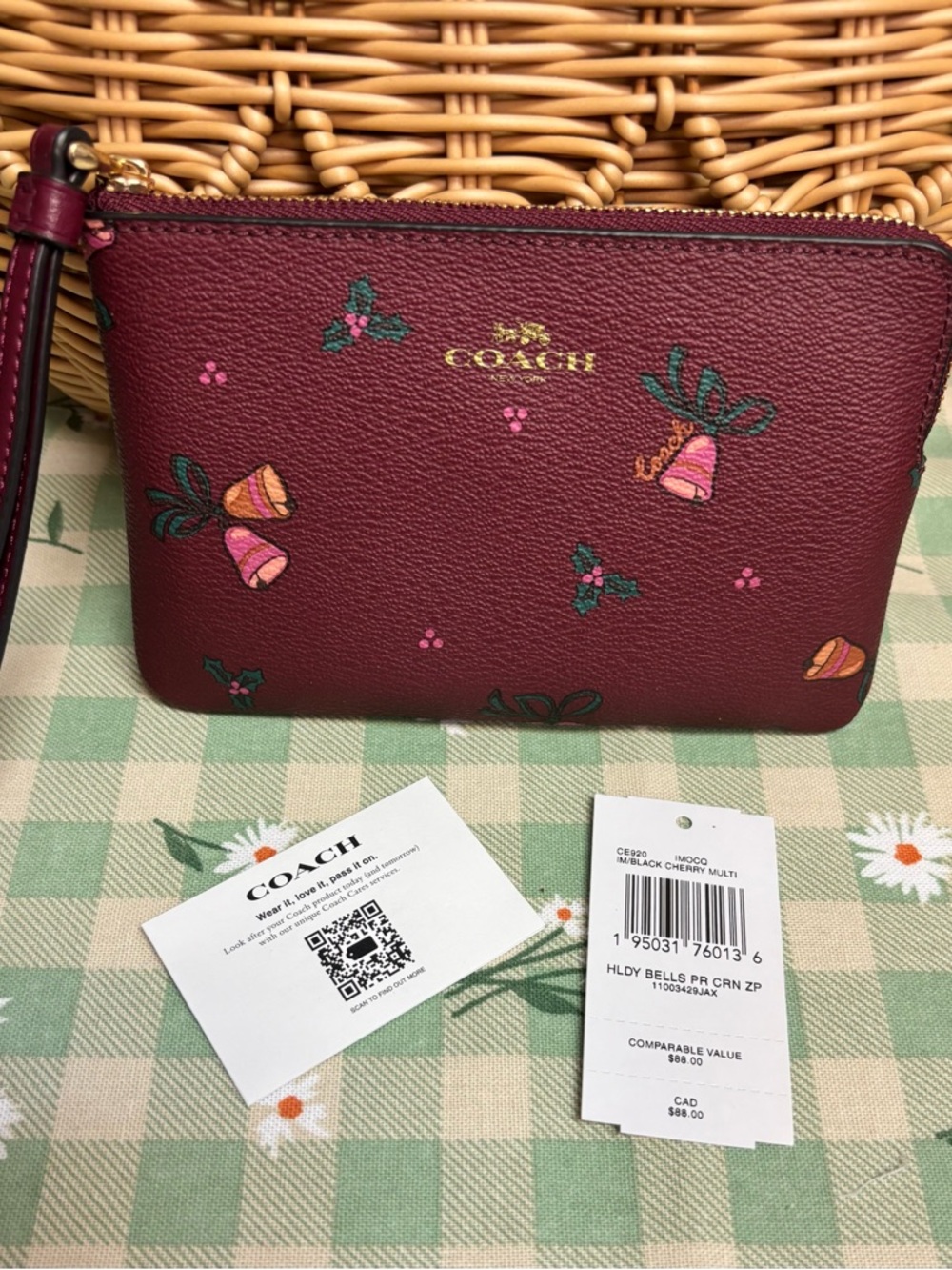 Coach Corner Zip Wristlet Holiday Bells Print Black Cherry Multi NWT